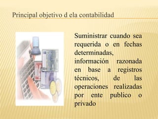 Principal objetivo d ela contabilidad

                      Suministrar cuando sea
                      requerida o en fechas
                      determinadas,
                      información razonada
                      en base a registros
                      técnicos,    de    las
                      operaciones realizadas
                      por ente publico o
                      privado
 