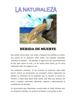 HERIDA DE MUERTE
Hoy siento mucho dolor, mis valles y bosques han perdido su verdor,
mis suelos ya no producen como antes. Los bosques tropicales,
húmedos se pierden…. Se pierden; el agua pura que generosamente
te doy para saciar tu sed y la de tantos otros seres, ya no corre
cantanaria cada vez apaga su voz.
Los productos escasean, el ser humano se pregunta ¿Qué debo
hacer? ¿Cómo se alimentarán los animales? ¿Cómo elaborarán las
plantas su alimento? Yo te respondo que la solución la tienes tu,
hombre y mujer para quien todo existe, solo falta que pienses con
amor y respeto, cultivando, abonando, regando y aprovechando la
variedad de mis semillas.
Te recomiendo algo importante, cuando tales un árbol siembra dos,
se recupera lo perdido, se conserva el bosque y se purifica el aire.
 