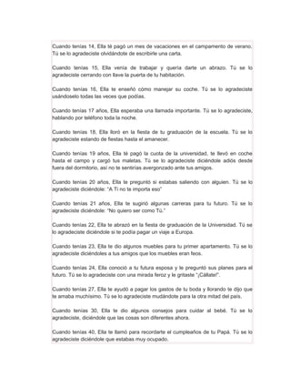 Cuando tenías 14, Ella té pagó un mes de vacaciones en el campamento de verano.
Tú se lo agradeciste olvidándote de escribirle una carta.

Cuando tenías 15, Ella venía de trabajar y quería darte un abrazo. Tú se lo
agradeciste cerrando con llave la puerta de tu habitación.

Cuando tenías 16, Ella te enseñó cómo manejar su coche. Tú se lo agradeciste
usándoselo todas las veces que podías.

Cuando tenías 17 años, Ella esperaba una llamada importante. Tú se lo agradeciste,
hablando por teléfono toda la noche.

Cuando tenías 18, Ella lloró en la fiesta de tu graduación de la escuela. Tú se lo
agradeciste estando de fiestas hasta el amanecer.

Cuando tenías 19 años, Ella té pagó la cuota de la universidad, te llevó en coche
hasta el campo y cargó tus maletas. Tú se lo agradeciste diciéndole adiós desde
fuera del dormitorio, así no te sentirías avergonzado ante tus amigos.

Cuando tenías 20 años, Ella te preguntó si estabas saliendo con alguien. Tú se lo
agradeciste diciéndole: “A Ti no te importa eso”

Cuando tenías 21 años, Ella te sugirió algunas carreras para tu futuro. Tú se lo
agradeciste diciéndole: “No quiero ser como Tú.”

Cuando tenías 22, Ella te abrazó en la fiesta de graduación de la Universidad. Tú se
lo agradeciste diciéndole si te podía pagar un viaje a Europa.

Cuando tenías 23, Ella te dio algunos muebles para tu primer apartamento. Tú se lo
agradeciste diciéndoles a tus amigos que los muebles eran feos.

Cuando tenías 24, Ella conoció a tu futura esposa y le preguntó sus planes para el
futuro. Tú se lo agradeciste con una mirada feroz y le gritaste “¡Cállate!”.

Cuando tenías 27, Ella te ayudó a pagar los gastos de tu boda y llorando te dijo que
te amaba muchísimo. Tú se lo agradeciste mudándote para la otra mitad del país.

Cuando tenías 30, Ella te dio algunos consejos para cuidar al bebé. Tú se lo
agradeciste, diciéndole que las cosas son diferentes ahora.

Cuando tenías 40, Ella te llamó para recordarte el cumpleaños de tu Papá. Tú se lo
agradeciste diciéndole que estabas muy ocupado.
 