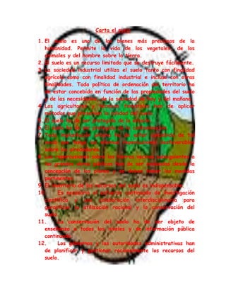 Carta el suelo
1. El suelo es uno de los bienes más preciosos de la
humanidad. Permite la vida de los vegetales, de los
animales y del hombre sobre la tierra.
2. El suelo es un recurso limitado que se destruye fácilmente.
3. La sociedad industrial utiliza el suelo tanto con finalidad
agrícola como con finalidad industrial e incluso con otras
finalidades. Toda política de ordenación del territorio ha
de estar concebida en función de las propiedades del suelo
y de las necesidades, de la sociedad de hoy y del mañana.
4. Los agricultores y técnicos forestales han de aplicar
métodos que preserven la calidad del suelo.
5. El suelo ha de ser protegido de la erosión.
6. El suelo ha de ser protegido de la contaminación.
7. Toda implantación urbana ha de estar concebida de tal
modo que tenga las mínimas repercusiones desfavorables
sobre los alrededores.
8. Las repercusiones sobre las tierras vecinas subsiguientes a
las grandes obras públicas han de ser evaluadas desde la
concepción de los planes y se deben tomar las medidas
pertinentes.
9. El inventario de los recursos del suelo es indispensable.
10. Es necesario el esfuerzo continuado de investigación
científica y una colaboración interdisciplinaria para
garantizar la utilización racional y la conservación del
suelo.
11. La conservación del suelo ha de ser objeto de
enseñanza a todos los niveles y de información pública
continuada.
12. Los gobiernos y las autoridades administrativas han
de planificar y gestionar racionalmente los recursos del
suelo.
 