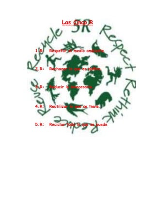 Las Cinco R
1.R: Respetar el medio ambiente.
2.R: Rechazar lo que es dañino.
3.R: Reducir lo innecesario.
4.R: Reutilizar lo que se tiene.
5.R: Reciclar todo lo que se puede
 