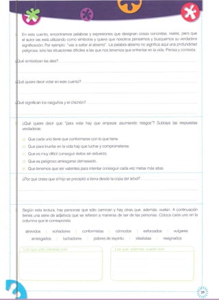 En este cuento, encontramos palabras y expresiones que designan cosas concretas, reales, pero que
el autor las está utilizando como símbolos y quiere que nosotros pensemos y busquemos su verdadera
significación. Por ejemplo: "vas a saltar al abismo". La palabra abismo no significa aquí una profundidad
peligrosa, sino las situaciones difíciles a las que nos tenemos que enfrentar en la vida. Piensa y contesta:
ué simbolizan las alas?
ué quiere decir volar en este cuento? """"" , .
ué significan los rasguños y el chichón?
vulgares
resignados
esforzados
idealistas
cómodos
pobres de espíritu
conformistas
luchadores
soñadores
arriesgados
atrevidos
b) Que para triunfar en la vida hay que luchar y comprometerse.
d) Que es peligroso arriesgarse demasiado.
e) Que tenemos que ser valientes para intentar conseguir cada vez metas más altas.
c) Que es muy difícil conseguir éxitos sin esfuerzo.
a) Que cada uno tiene que conformarse con lo que tiene.
¿Por qué crees que el hijo se precipitó a tierra desde la copa del árbol?
¿Qué quiere decir que "para volar hay que empezar asumiendo riesgos"? Subraya las respuestas
verdaderas:
Según esta lectura, hay personas que sólo caminan y hay otras que, además, vuelan. A continuación
tienes una serie de adjetivos que se refieren a maneras de ser de las personas. Coloca cada uno en la
columna que le corresponda:
------------------------------------------------------------------------------------------------------------------~
,
,
,
,
1
,··1
··,
,
,
,
,
1
,
,
1
1
,
1
1
1
1
··,
,
,
,
,
------------------------------------------------------------------------------------------------------------------~
,
,
,
1
,
·
1
,,
,,
,
,
,
,
,
1
,
,
,
,
,
,
,
,
L _
1
,
,
,
·,
·,
,
,
,
,
,
,
,
,
,
,
,
,1
·,
,
,
,,
,
,
,
,
,
,
,1..--
,
,
,
,··,,
,
,
,,
,
,
,
,
,
,,
.- - --,
,
,
,
,
,
,
,
1
·,
·,
···,
,
1
Los que sólo caminan son Los que, además, vuelan son:
~~
----------------------------------------------------------------------------------------------------------~ 39 ~
1/
 