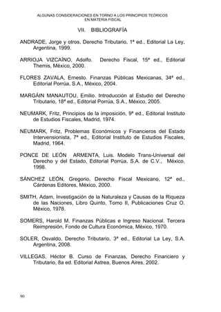 ALGUNAS CONSIDERACIONES EN TORNO A LOS PRINCIPIOS TEÓRICOS
EN MATERIA FISCAL
90
VII. BIBLIOGRAFÍA
ANDRADE, Jorge y otros, Derecho Tributario, 1ª ed., Editorial La Ley,
Argentina, 1999.
ARRIOJA VIZCAÍNO, Adolfo. Derecho Fiscal, 15ª ed., Editorial
Themis, México, 2000.
FLORES ZAVALA, Ernesto. Finanzas Públicas Mexicanas, 34ª ed.,
Editorial Porrúa, S.A., México, 2004.
MARGÁIN MANAUTOU, Emilio. Introducción al Estudio del Derecho
Tributario, 18ª ed., Editorial Porrúa, S.A., México, 2005.
NEUMARK, Fritz, Principios de la imposición, 9ª ed., Editorial Instituto
de Estudios Fiscales, Madrid, 1974.
NEUMARK, Fritz, Problemas Económicos y Financieros del Estado
Intervensionista, 7ª ed., Editorial Instituto de Estudios Fiscales,
Madrid, 1964.
PONCE DE LEÓN ARMENTA, Luis. Modelo Trans-Universal del
Derecho y del Estado, Editorial Porrúa, S.A. de C.V., México,
1998.
SÁNCHEZ LEÓN, Gregorio, Derecho Fiscal Mexicano, 12ª ed.,
Cárdenas Editores, México, 2000.
SMITH, Adam, Investigación de la Naturaleza y Causas de la Riqueza
de las Naciones, Libro Quinto, Tomo II, Publicaciones Cruz O.
México, 1978.
SOMERS, Harold M. Finanzas Públicas e Ingreso Nacional. Tercera
Reimpresión, Fondo de Cultura Económica, México, 1970.
SOLER, Osvaldo, Derecho Tributario, 3ª ed., Editorial La Ley, S.A.
Argentina, 2008.
VILLEGAS, Héctor B. Curso de Finanzas, Derecho Financiero y
Tributario, 8a ed. Editorial Astrea, Buenos Aires, 2002.
 
