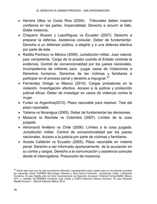 EL DERECHO AL DEBIDO PROCESO. UNA APROXIMACIÓN
28
 Herrera Ulloa vs Costa Rica (2004). Tribunales deben inspirar
confianza en las partes. Imparcialidad. Derecho a recurrir el fallo.
Doble instancia.
 Chaparro Álvarez y LapoÍñiguez vs Ecuador (2007). Derecho a
preparar la defensa. Asistencia consular. Deber de fundamentar.
Derecho a un defensor público, a elegirlo y a una defensa efectiva
por parte de éste.
 Radilla Pacheco vs México (2009). Jurisdicción militar. Juez natural,
juez competente. Carga de la prueba cuando el Estado controla la
evidencia. Control de convencionalidad por los jueces nacionales.
Incompetencia de militares para juzgar casos de Violaciones a
Derechos humanos. Derechos de las víctimas y familiares a
participar en el proceso penal y derecho a impugnar.32
 Fernández Ortega vs México (2010). Cargas probatorias en la
violación. Investigación efectiva. Acceso a la justicia y protección
judicial eficaz. Deber de investigar en casos de violencia contra la
mujer.
 Furlan vs Argentina(2012). Plazo razonable para resolver. Test del
plazo razonable.
 Yatama vs Nicaragua (2005). Deber de fundamentar las decisiones.
 Masacre la Rochela vs Colombia (2007). Límites de la cosa
juzgada.
 Almonacid Arellano vs Chile (2006). Límites a la cosa juzgada.
Jurisdicción militar. Control de convencionalidad por los jueces
nacionales. Acceso a la justicia por parte de víctimas y familiares.
 Acosta Calderón vs Ecuador (2005). Plazo razonable en materia
penal. Derecho a ser informado oportunamente de la acusación en
su contra y cargos. Derecho a la comunicación y asistencia consular
desde el interrogatorio. Presunción de inocencia.
32
Sobre este caso que ha sido sumamente relevante y paradigmático para nuestro país se recomienda consultar
las siguientes obras: FERRER Mac-Gregor Eduardo y Silva García Fernando, “Jurisdicción militar y Derechos
Humanos. El caso Radilla ante la Corte Interamericana de Derechos Humanos” Editorial Porrúa/UNAM, México
2011 y también GUTIÉRREZ Contreras Juan Carlos y CANTÚ Martínez Silvano (Coords.) “El caso Rosendo
Radilla Pacheco”. UBIJUS Editorial, México 2012.
 