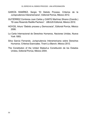 EL DERECHO AL DEBIDO PROCESO. UNA APROXIMACIÓN
50
GARCÍA RAMÍREZ, Sergio “El Debido Proceso. Criterios de la
Jurisprudencia Interamericana”, Editorial Porrúa, México 2012.
GUTIÉRREZ Contreras Juan Carlos y CANTÚ Martínez Silvano (Coords.)
“El caso Rosendo Radilla Pacheco”. UBIJUS Editorial, México 2012.
HOYOS, Arturo “Debido proceso y Democracia”, Editorial Porrúa, México
2006.
La Carta Internacional de Derechos Humanos, Naciones Unidas, Nueva
York 1993.
Silva García Fernando, Jurisprudencia Interamericana sobre Derechos
Humanos. Criterios Esenciales. Tirant Lo Blanch, México 2012.
The Constitution of the United States/La Constitución de los Estados
Unidos, Editorial Porrúa, México 2004.
 