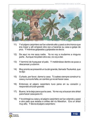 MINISTERIO DE EDUCACIÓN




11)   Y el pájaro carpintero se fue volando alto y pasó a otro tronco que
      era mejor y allí empezó otra vez a hacerse su casa a golpe de
      pico. Y mientras golpeaba y golpeaba se decía:

12)   De aquí no me saca nadie. Ya no voy a mudarme a ninguna
      parte. Aunque me pidan otra vez, no voy a dar.

13)   Y terminó de huequear el palo. Y metiéndose dentro se puso a
      descansar y a dormir.

14)   Muy pronto se presentó un tucán grande, llamado Tsukanká, que
      le dijo:

15)   Cuñado, por favor, dame tu casa. Tú sabes siempre construir tu
      casa y nunca te falta, en cambio yo no sé hacer casa.

16)   Entonces el pájaro carpintero tuvo pena en su corazón y
      respondió al tucán grande:

17)   Bueno, te la dejo para que la uses. Yo me voy a buscar otro árbol
      para hacer casa para mí.
                                                                            Lecturas Literarias




18)   Y le entregó su casa y el pájaro carpintero se fue volando y pasó
      a otro palo que estaba a orillas del río Marañon. Era un árbol
      muy alto. Y decía el pájaro carpintero:



                                                                110
 
