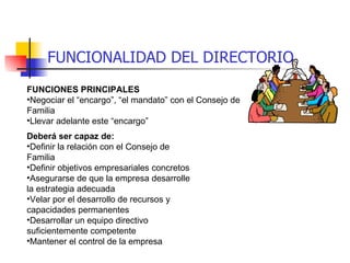 FUNCIONALIDAD DEL DIRECTORIO <ul><li>FUNCIONES PRINCIPALES </li></ul><ul><li>Negociar el “encargo”, “el mandato” con el Co...
