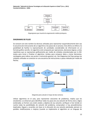 Diplomado: “Aplicación de Nuevas Tecnologías en la Educación Superior en Salud” (1ra v., 2011)
Facultad de Medicina - UMSS

Organigrama que muestra la organización médica jerárquica.

DIAGRAMAS DE FLUJO
Se conocen con este nombre las técnicas utilizadas para representar esquemáticamente bien sea
la secuencia de instrucciones de un algoritmo o los pasos de un proceso. Esta última se refiere a la
posibilidad de facilitar la representación de cantidades considerables de información en un
formato gráfico sencillo. Un algoritmo está compuesto por operaciones, decisiones lógicas y ciclos
repetitivos que se representan gráficamente por medio de símbolos estandarizados por la ISO:
óvalos para iniciar o finalizar el algoritmo; rombos para comparar datos y tomar decisiones;
rectángulos para indicar una acción o instrucción general; etc. Son Diagramas de Flujo porque los
símbolos utilizados se conectan en una secuencia de instrucciones o pasos indicada por medio de
flechas.

Diagrama para calcular el mayor de dos números

Utilizar algoritmos en el aula, para representar soluciones de problemas, implica que los
estudiantes: se esfuercen para identificar todos los pasos de una solución de forma clara y lógica
(ordenada); se formen una visión amplia y objetiva de esa solución; verifiquen si han tenido en
cuenta todas las posibilidades de solución del problema; comprueben si hay procedimientos
duplicados; lleguen a acuerdos con base en la discusión de una solución planteada; piensen en
posibles modificaciones o mejoras (cuando se implementa el algoritmo en un lenguaje de
13

 
