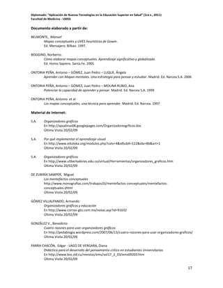 Diplomado: “Aplicación de Nuevas Tecnologías en la Educación Superior en Salud” (1ra v., 2011)
Facultad de Medicina - UMSS

Documento elaborado a partir de:
BELMONTE, Manuel
Mapas conceptuales y UVES heurísticas de Gowin.
Ed. Mensajero. Bilbao. 1997.
BOGGINO, Norberto.
Cómo elaborar mapas conceptuales. Aprendizaje significativo y globalizado.
Ed. Homo Sapiens. Santa Fe. 2005
ONTORIA PEÑA, Antonio – GÓMEZ, Juan Pedro – LUQUE, Ángela
Aprender con Mapas mentales. Una estrategia para pensar y estudiar. Madrid. Ed. Narcea S.A. 2006
ONTORIA PEÑA, Antonio – GÓMEZ, Juan Pedro – MOLINA RUBIO, Ana
Potenciar la capacidad de aprender y pensar. Madrid. Ed. Narcea S.A. 1999
ONTORIA PEÑA, Antonio et al
Los mapas conceptuales, una técnica para aprender. Madrid. Ed. Narcea. 1997

Material de Internet:
S.A.

Organizadores gráficos
En http://apsalinas08.googlepages.com/Organizadoresgrficos.doc
Última Visita 20/02/09

S.A.

Por qué implementar el aprendizaje visual
En http://www.eduteka.org/modulos.php?catx=4&idSubX=122&ida=86&art=1
Última Visita 20/02/09

S.A.

Organizadores gráficos
En http://www.ulibertadores.edu.co/virtual/Herramientas/organizadores_graficos.htm
Última Visita 20/02/09

DE ZUBIRÍA SAMPER, Miguel
Los mentefactos conceptuales
http://www.monografias.com/trabajos33/mentefactos-conceptuales/mentefactosconceptuales.shtml
Última Visita 20/02/09
GÓMEZ VILLALPANDO, Armando
Organizadores gráficos y educación
En http://www.correo-gto.com.mx/notas.asp?id=91632
Última Visita 20/02/09
GONZÁLEZ V., Benedicto
Cuatro razones para usar organizadores gráficos
En http://pedablogia.wordpress.com/2007/06/13/cuatro-razones-para-usar-organizadores-graficos/
Última Visita 20/02/09
PARRA CHACÓN, Edgar - LAGO DE VERGARA, Diana
Didáctica para el desarrollo del pensamiento crítico en estudiantes Universitarios
En http://www.bvs.sld.cu/revistas/ems/vol17_2_03/ems09203.htm
Última Visita 20/02/09

17

 