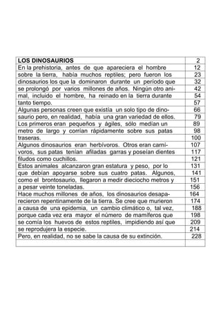 LOS DINOSAURIOS 2
En la prehistoria, antes de que apareciera el hombre 12
sobre la tierra, había muchos reptiles; pero fueron los 23
dinosaurios los que la dominaron durante un período que 32
se prolongó por varios millones de años. Ningún otro ani- 42
mal, incluido el hombre, ha reinado en la tierra durante 54
tanto tiempo. 57
Algunas personas creen que existía un solo tipo de dino- 66
saurio pero, en realidad, había una gran variedad de ellos. 79
Los primeros eran pequeños y ágiles, sólo medían un 89
metro de largo y corrían rápidamente sobre sus patas 98
traseras. 100
Algunos dinosaurios eran herbívoros. Otros eran carní- 107
voros, sus patas tenían afiladas garras y poseían dientes 117
filudos como cuchillos. 121
Estos animales alcanzaron gran estatura y peso, por lo 131
que debían apoyarse sobre sus cuatro patas. Algunos, 141
como el brontosaurio, llegaron a medir dieciocho metros y 151
a pesar veinte toneladas. 156
Hace muchos millones de años, los dinosaurios desapa- 164
recieron repentinamente de la tierra. Se cree que murieron 174
a causa de una epidemia, un cambio climático o, tal vez, 188
porque cada vez era mayor el número de mamíferos que 198
se comía los huevos de estos reptiles, impidiendo así que 209
se reprodujera la especie. 214
Pero, en realidad, no se sabe la causa de su extinción. 228
 