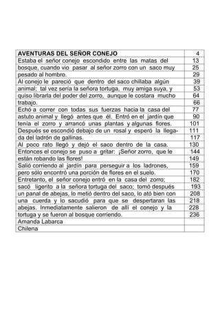 AVENTURAS DEL SEÑOR CONEJO 4
Estaba el señor conejo escondido entre las matas del 13
bosque, cuando vio pasar al señor zorro con un saco muy 25
pesado al hombro. 29
Al conejo le pareció que dentro del saco chillaba algún 39
animal; tal vez sería la señora tortuga, muy amiga suya, y 53
quiso librarla del poder del zorro, aunque le costara mucho 64
trabajo. 66
Echó a correr con todas sus fuerzas hacia la casa del 77
astuto animal y llegó antes que él. Entró en el jardín que 90
tenía el zorro y arrancó unas plantas y algunas flores. 101
Después se escondió debajo de un rosal y esperó la llega- 111
da del ladrón de gallinas. 117
Al poco rato llegó y dejó el saco dentro de la casa. 130
Entonces el conejo se puso a gritar: ¡Señor zorro, que le 144
están robando las flores! 149
Salió corriendo al jardín para perseguir a los ladrones, 159
pero sólo encontró una porción de flores en el suelo. 170
Entretanto, el señor conejo entró en la casa del zorro; 182
sacó ligerito a la señora tortuga del saco; tomó después 193
un panal de abejas, lo metió dentro del saco, lo ató bien con 208
una cuerda y lo sacudió para que se despertaran las 218
abejas. Inmediatamente salieron de allí el conejo y la 228
tortuga y se fueron al bosque corriendo. 236
Amanda Labarca
Chilena
 