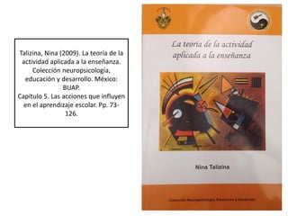 Talizina, Nina (2009). La teoría de la
actividad aplicada a la enseñanza.
Colección neuropsicología,
educación y desarrollo. México:
BUAP.
Capítulo 5. Las acciones que influyen
en el aprendizaje escolar. Pp. 73-
126.
 