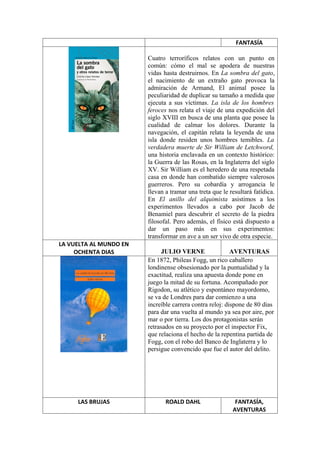 FANTASÍA

                        Cuatro terroríficos relatos con un punto en
                        común: cómo el mal se apodera de nuestras
                        vidas hasta destruirnos. En La sombra del gato,
                        el nacimiento de un extraño gato provoca la
                        admiración de Armand, El animal posee la
                        peculiaridad de duplicar su tamaño a medida que
                        ejecuta a sus víctimas. La isla de los hombres
                        feroces nos relata el viaje de una expedición del
                        siglo XVIII en busca de una planta que posee la
                        cualidad de calmar los dolores. Durante la
                        navegación, el capitán relata la leyenda de una
                        isla donde residen unos hombres temibles. La
                        verdadera muerte de Sir William de Letchword,
                        una historia enclavada en un contexto histórico:
                        la Guerra de las Rosas, en la Inglaterra del siglo
                        XV. Sir William es el heredero de una respetada
                        casa en donde han combatido siempre valerosos
                        guerreros. Pero su cobardía y arrogancia le
                        llevan a tramar una treta que le resultará fatídica.
                        En El anillo del alquimista asistimos a los
                        experimentos llevados a cabo por Jacob de
                        Benamiel para descubrir el secreto de la piedra
                        filosofal. Pero además, el físico está dispuesto a
                        dar un paso más en sus experimentos:
                        transformar en ave a un ser vivo de otra especie.
LA VUELTA AL MUNDO EN
     OCHENTA DIAS             JULIO VERNE                 AVENTURAS
                        En 1872, Phileas Fogg, un rico caballero
                        londinense obsesionado por la puntualidad y la
                        exactitud, realiza una apuesta donde pone en
                        juego la mitad de su fortuna. Acompañado por
                        Rigodon, su atlético y espontáneo mayordomo,
                        se va de Londres para dar comienzo a una
                        increíble carrera contra reloj: dispone de 80 días
                        para dar una vuelta al mundo ya sea por aire, por
                        mar o por tierra. Los dos protagonistas serán
                        retrasados en su proyecto por el inspector Fix,
                        que relaciona el hecho de la repentina partida de
                        Fogg, con el robo del Banco de Inglaterra y lo
                        persigue convencido que fue el autor del delito.




     LAS BRUJAS                ROALD DAHL                  FANTASÍA,
                                                          AVENTURAS
 