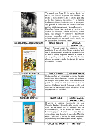 Vuelves de una fiesta. Es de noche. Sientes un
                               coche que circula despacio, acechándote. Tu
                               madre te llama al móvil. Es lo último que sabe
                               de ti. Tus vecinos, tus amigos y tu familia
                               inician una búsqueda desesperada y angustiosa
                               que pondrá a cada uno en contacto con sus
                               propios miedos, esperanzas y contradicciones.
                               Una chica, Laura, es secuestrada al volver a casa
                               después de una fiesta. En esa búsqueda a contra
                               reloj, sus amigos y familiares descubrirán
                               aspectos ignorados sobre sí mismos. Una
                               valiente novela que retrata el mundo interior de
                               las personas en situaciones límite.
LOS SECUESTRADORES DE BURROS        GERALD DURRELL                 AMISTAD,
                                                                NATURALEZA
                               David y Amanda pasan las vacaciones en un
                               pueblecito de una isla griega. Tienen un amigo, Yani,
                               que es huérfano y está a punto de perder su casa y
                               sus tierras porque no puede devolver al alcalde el
                               dinero que le prestó a su padre. David y Amanda
                               planean secuestrar a todos los burros del pueblo
                               para ayudar a su amigo




    MAGOS DEL ATARDECER            JOAN M. GISBERT             FANTASÍA, MAGIA
                               Ciertas noches, un misterioso personaje llamado
                               Amiel Solar cuenta fabulosas historias a la entrada
                               del bosque. Pero quienes van a oírle no saben que
                               guarda un secreto aún más extraordinario que sus
                               cuentos. Iria Castro, su más fascinada oyente, será
                               quien abra el camino por el que las fuentes de su
                               magia saldrán por fin a la luz.



     MANOLITO GAFOTAS                ELVIRA LINDO              HUMOR, FAMILIA,
                                                                TERCERA EDAD
                               El verano se presenta francamente mal para
                               Manolito Gafotas. Está condenado, un año más, a
                               pasar las vacaciones en su pequeño piso de
                               Carabanchel Alto, con su madre, su abuelo y su
                               hermano pequeño. Y encima ha suspendido las
                               matemáticas, para disgusto de su madre. Manolito
                               espera con ilusión la llegada del padre, camionero
                               de profesión, para que se lleve la familia a la playa.

          MARINA                  CARLOS RUIZ ZAFÓN                 MISTERIO
 