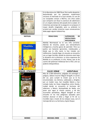 En la Barcelona de 1980 Óscar Drai sueña despierto,
                  deslumbrado por los palacetes modernistas
                  cercanos al internado en el que estudia. En una de
                  sus escapadas conoce a Marina, una chica audaz
                  que comparte con Óscar la aventura de adentrarse
                  en un enigma doloroso del pasado de la ciudad. Un
                  misterioso personaje de la posguerra se propuso el
                  mayor desafío imaginable, pero su ambición lo
                  arrastró por sendas siniestras cuyas consecuencias
                  debe pagar alguien todavía hoy.

    MATILDA               ROALD DAHL              SUPERACION        DE
                                                  DIFICULTADES.
                                                  INTELIGENCIA
                  Matilda Wormwood no es una niña corriente.
                  Además de encanto, posee una extraordinaria
                  inteligencia y muchas ganas de aprender. Pero sus
                  padres son bastante ignorantes, maleducados y
                  desde que la niña nació, la han tratado con
                  indiferencia. Cuando llega a la escuela se encuentra
                  con un lugar horrible, donde los alumnos viven bajo
                  la dictadura de la directora. La única esperanza de
                  Matilda es su profesora, la srta. Honey, que se da
                  cuenta del potencial intelectual de la niña y de sus
                  poderes telequinéticos



MIGUEL STROGOFF         JULIO VERNE                  AVENTURAS
                  Más de 5.500 kilómetros, plagados de enemigos y
                  peligros, deberá recorrer Miguel Strogoff, el correo
                  del zar, para cumplir la misión que se le ha
                  encomendado. Los tártaros, sublevados y dirigidos
                  por un traidor ruso, han invadido Siberia y han
                  cortado todos las líneas telegráficas entre lrkutsk,
                  ciudad donde se encuentra el hermano del
                  soberano, y Moscú. Acompañado de Nadia, una
                  joven que sigue el mismo camino, y de dos
                  ocurrentes periodistas, Miguel Strogoff se verá
                  envuelto en los más peligrosos episodios para
                  intentar alcanzar el éxito y llegar al fin de su
                  increíble viaje a través de las estepas rusas, con el
                  mensaje del zar a su hermano, el gran Duque.




    MOMO                MICHAEL ENDE                  FANTASÍA
 