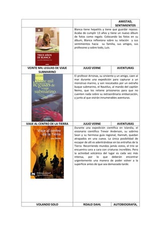 AMISTAD,
                                                                SENTIMIENTOS
                               Blanca tiene hepatitis y tiene que guardar reposo.
                               Acaba de cumplir 13 años y tiene un nuevo álbum
                               de fotos como regalo. Colocando las fotos en su
                               álbum, Blanca reflexiona sobre su relación y sus
                               sentimientos hacia su familia, sus amigos, sus
                               profesores y sobre todo, Luis.




VEINTE MIL LEGUAS DE VIAJE            JULIO VERNE                 AVENTURAS
       SUBMARINO
                               El profesor Arronax, su sirviente y un amigo, caen al
                               mar durante una expedición para capturar a un
                               monstruo marino, y son rescatados por un extraño
                               buque submarino, el Nautilus, al mando del capitán
                               Nemo, que los retiene prisioneros para que no
                               cuenten nada sobre su extraordinaria embarcación,
                               y junto al que vivirán innumerables aventuras.




VIAJE AL CENTRO DE LA TIERRA          JULIO VERNE                 AVENTURAS
                               Durante una expedición científica en Islandia, el
                               visionario científico Trevor Anderson, su sobrino
                               Sean y su hermosa guía regional, Hannah, quedan
                               atrapados en una cueva. La única posibilidad de
                               escapar de allí es adentrándose en las entrañas de la
                               Tierra. Recorriendo mundos jamás vistos, el trío se
                               encuentra cara a cara con criaturas increíbles. Pero
                               la actividad volcánica del lugar es cada vez más
                               intensa, por lo que deberán encontrar
                               urgentemente una manera de poder volver a la
                               superficie antes de que sea demasiado tarde.




      VOLANDO SOLO                    ROALD DAHL               AUTOBIOGRAFÍA,
 