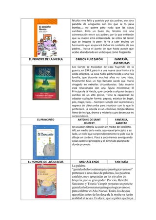 Nicolás vive feliz y querido por sus padres, con una
                           pandilla de amiguetes con los que se lo pasa
                           bomba...; no quiere para nada que las cosas
                           cambien. Pero un buen día, Nicolás oye una
                           conversación entre sus padres por la que entiende
                           que su madre está embarazada. Le entra tal terror
                           que se imagina lo peor: le va a caer encima un
                           hermanito que acaparará todos los cuidados de sus
                           padres... hasta el punto de que hasta puede que
                           acabe abandonado en un bosque como Pulgarcito.

EL PRINCIPE DE LA NIEBLA      CARLOS RUIZ ZAFÓN                FANTASÍA,
                                                              AVENTURAS
                           Los Carver se trasladan de casa huyendo de la
                           guerra, en 1943, para ir a una nueva casa frente a la
                           costa atlántica. La casa había pertenecido a una rica
                           familia, que durante muchos años no tuvo hijos,
                           finalmente tuvo un hijo llamado Jacob que murió
                           ahogado en extrañas circunstancias. Esta muerte
                           está relacionada con una figura misteriosa: El
                           Príncipe de la Niebla, que concede cualquier deseo a
                           cambio de un alto precio. Tiene la capacidad de
                           adoptar cualquier forma: payaso, estatua de ángel,
                           pez, mago, Caín,... Siempre cumple con la promesa y
                           regresa de ultratumba para recobrar con lo que le
                           pertenece. La novela es un continuo rompecabezas
                           lleno de intriga, drama y misterio cuyo desenlace es
                           sorprendente.
     EL PRINCIPITO               ANTOINE DE SAINT                FANTASÍA,
                                      EXUPERY                     AMISTAD
                           Un aviador estrella su avión en medio del desierto.
                           Allí, en medio de la nada, aparece el principito a su
                           lado, un niño que sorprendentemente le pide que le
                           dibuje un cordero. Poco a poco iremos averiguando
                           cosas sobre el principito y el diminuto planeta de
                           donde procede.




EL PONCHE DE LOS DESEOS          MICHAEL ENDE                  FANTASÍA
                           La palabra
                           "genialcoholorosatanarquiarqueologicavernoso"
                           pertenece a una clase de palabras, las palabras
                           catalejo, muy apreciadas en los círculos de
                           brujería, por su gran poder. Por eso, Belcebú
                           Sarcasmo y Tirania Vampir preparan un ponche
                           genialcoholorosatanarquiarqueologicavernoso
                           para celebrar el Año Nuevo. Todos los deseos
                           que pidan antes de las doce de la noche se harán
                           realidad al revés. Es decir, que si piden que haya
 