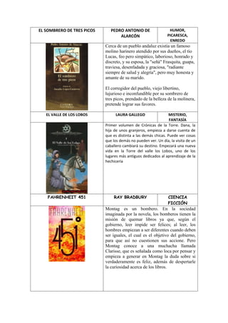 EL SOMBRERO DE TRES PICOS      PEDRO ANTONIO DE                 HUMOR,
                                   ALARCÓN                     PICARESCA,
                                                                 ENREDO
                            Cerca de un pueblo andaluz existía un famoso
                            molino harinero atendido por sus dueños, el tío
                            Lucas, feo pero simpático, laborioso, honrado y
                            discreto, y su esposa, la "señá" Frasquita, guapa,
                            traviesa, desenfadada y graciosa, "radiante
                            siempre de salud y alegría", pero muy honesta y
                            amante de su marido.

                            El corregidor del pueblo, viejo libertino,
                            lujurioso e inconfundible por su sombrero de
                            tres picos, prendado de la belleza de la molinera,
                            pretende lograr sus favores.

   EL VALLE DE LOS LOBOS         LAURA GALLEGO                   MISTERIO,
                                                                 FANTASÍA
                            Primer volumen de Crónicas de la Torre. Dana, la
                            hija de unos granjeros, empieza a darse cuenta de
                            que es distinta a las demás chicas. Puede ver cosas
                            que los demás no pueden ver. Un día, la visita de un
                            caballero cambiará su destino. Empezará una nueva
                            vida en la Torre del valle los Lobos, uno de los
                            lugares más antiguos dedicados al aprendizaje de la
                            hechicería




    FAHRENHEIT 451              RAY BRADBURY                    CIENCIA
                                                                FICCIÓN
                            Montag es un bombero. En la sociedad
                            imaginada por la novela, los bomberos tienen la
                            misión de quemar libros ya que, según el
                            gobierno, leer impide ser felices; al leer, los
                            hombres empiezan a ser diferentes cuando deben
                            ser iguales, el cual es el objetivo del gobierno,
                            para que así no cuestionen sus accione. Pero
                            Montag conoce a una muchacha llamada
                            Clarisse, que es señalada como loca por pensar y
                            empieza a generar en Montag la duda sobre si
                            verdaderamente es feliz, además de despertarle
                            la curiosidad acerca de los libros.
 