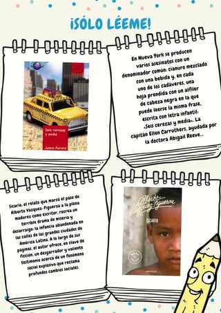 ¡SÓLO LÉEME!
En Nueva York se producen
varios asesinatos con un
denominador común: cianuro mezclado
con una bebida y, en cada
uno de los cadáveres, una
hoja prendida con un alfiler
de cabeza negra en la que
puede leerse la misma frase,
escrita con letra infantil:
«Seis cerezas y media». La
capitán Ellen Carruthers, ayudada por
la doctora Abigail Reeve...
Sicario, el relato que marcó el paso de
Alberto Vázquez-Figueroa a la plena
madurez como escritor, recrea un
terrible drama de miseria y
desarraigo: la infancia abandonada en
las calles de las grandes ciudades de
América Latina. A lo largo de sus
páginas, el autor ofrece, en clave de
ficción, un desgarrador y valiente
testimonio acerca de un fenómeno
social explosivo que reclama
profundos cambios sociales.
 