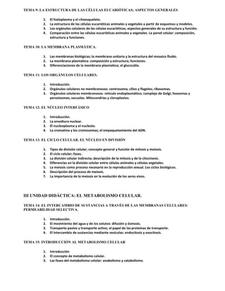 TEMA 9: LA ESTRUCTURA DE LAS CÉLULAS EUCARIÓTICAS; ASPECTOS GENERALES 
1. El hialoplasma y el citoesqueleto. 
2. La estructura de las células eucarióticas animales y vegetales a partir de esquemas y modelos. 
3. Los orgánulos celulares de las células eucarióticas; aspectos generales de su estructura y función. 
4. Comparación entre las células eucarióticas animales y vegetales. La pared celular: composición, 
estructura y funciones. 
TEMA 10: LA MEMBRANA PLASMÁTICA. 
1. Las membranas biológicas; la membrana unitaria y la estructura del mosaico fluído. 
2. La membrana plasmática: composición y estructura; funciones. 
3. Diferenciaciones de la membrana plasmática; el glucocálix. 
TEMA 11: LOS ORGÁNULOS CELULARES. 
1. Introducción. 
2. Orgánulos celulares no membranosos: centrosoma; cilios y flagelos; ribosomas. 
3. Orgánulos celulares membranosos: retículo endoplasmático; complejo de Golgi; lisosomas y 
peroxisomas; vacuolas. Mitocondrias y cloroplastos. 
TEMA 12: EL NÚCLEO INTERFÁSICO 
1. Introducción. 
2. La envoltura nuclear. 
3. El nucleoplasma y el nucleolo. 
4. La cromatina y los cromosomas; el empaquetamiento del ADN. 
TEMA 13: EL CICLO CELULAR. EL NÚCLEO EN DIVISIÓN 
1. Tipos de división celular; concepto general y función de mitosis y meiosis. 
2. El ciclo celular; fases. 
3. La división celular indirecta; descripción de la mitosis y de la citocinesis. 
4. Diferencias en la división celular entre células animales y células vegetales. 
5. La meiosis como proceso necesario en la reproducción sexual. Los ciclos biológicos. 
6. Descripción del proceso de meiosis. 
7. La importancia de la meiosis en la evolución de los seres vivos. 
III UNIDAD DIDÁCTICA: EL METABOLISMO CELULAR. 
TEMA 14: EL INTERCAMBIO DE SUSTANCIAS A TRAVÉS DE LAS MEMBRANAS CELULARES: 
PERMEABILIDAD SELECTIVA. 
1. Introducción. 
2. El movimiento del agua y de los solutos: difusión y ósmosis. 
3. Transporte pasivo y transporte activo; el papel de las proteínas de transporte. 
4. El intercambio de sustancias mediante vesículas: endocitosis y exocitosis. 
TEMA 15: INTRODUCCIÓN AL METABOLISMO CELULAR 
1. Introducción 
2. El concepto de metabolismo celular. 
3. Las fases del metabolismo celular: anabolismo y catabolismo. 
 