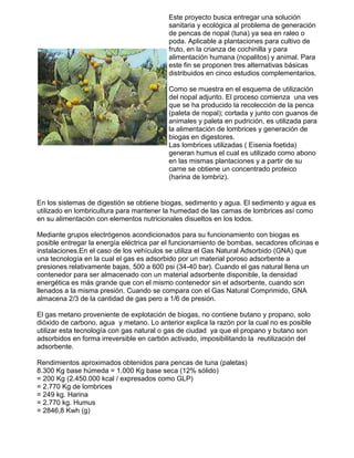 Este proyecto busca entregar una solución 
sanitaria y ecológica al problema de generación 
de pencas de nopal (tuna) ya sea en raleo o 
poda. Aplicable a plantaciones para cultivo de 
fruto, en la crianza de cochinilla y para 
alimentación humana (nopalitos) y animal. Para 
este fin se proponen tres alternativas básicas 
distribuidos en cinco estudios complementarios. 
Como se muestra en el esquema de utilización 
del nopal adjunto. El proceso comienza una ves 
que se ha producido la recolección de la penca 
(paleta de nopal); cortada y junto con guanos de 
animales y paleta en pudrición, es utilizada para 
la alimentación de lombrices y generación de 
biogas en digestores. 
Las lombrices utilizadas ( Eisenia foetida) 
generan humus el cual es utilizado como abono 
en las mismas plantaciones y a partir de su 
carne se obtiene un concentrado proteico 
(harina de lombriz). 
En los sistemas de digestión se obtiene biogas, sedimento y agua. El sedimento y agua es 
utilizado en lombricultura para mantener la humedad de las camas de lombrices así como 
en su alimentación con elementos nutricionales disueltos en los lodos. 
Mediante grupos electrógenos acondicionados para su funcionamiento con biogas es 
posible entregar la energía eléctrica par el funcionamiento de bombas, secadores oficinas e 
instalaciones.En el caso de los vehículos se utiliza el Gas Natural Adsorbido (GNA) que 
una tecnología en la cual el gas es adsorbido por un material poroso adsorbente a 
presiones relativamente bajas, 500 a 600 psi (34-40 bar). Cuando el gas natural llena un 
contenedor para ser almacenado con un material adsorbente disponible, la densidad 
energética es más grande que con el mismo contenedor sin el adsorbente, cuando son 
llenados a la misma presión. Cuando se compara con el Gas Natural Comprimido, GNA 
almacena 2/3 de la cantidad de gas pero a 1/6 de presión. 
El gas metano proveniente de explotación de biogas, no contiene butano y propano, solo 
dióxido de carbono, agua y metano. Lo anterior explica la razón por la cual no es posible 
utilizar esta tecnología con gas natural o gas de ciudad ya que el propano y butano son 
adsorbidos en forma irreversible en carbón activado, imposibilitando la reutilización del 
adsorbente. 
Rendimientos aproximados obtenidos para pencas de tuna (paletas) 
8.300 Kg base húmeda = 1.000 Kg base seca (12% sólido) 
= 200 Kg (2.450.000 kcal / expresados como GLP) 
= 2.770 Kg de lombrices 
= 249 kg. Harina 
= 2.770 kg. Humus 
= 2846,8 Kwh (g) 
 