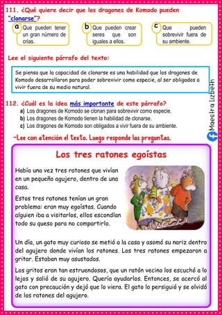 111. ¿Qué quiere decir que los dragones de Komodo pueden
“clonarse”?
Lee el siguiente párrafo del texto:
112. ¿Cuál es la idea más importante de este párrafo?
a) Los dragones de Komodo se clonan para sobrevivir como especie.
b) Los dragones de Komodo tienen la habilidad de clonarse.
c) Los dragones de Komodo son obligados a vivir fuera de su ambiente.
-Lee con atención el texto. Luego responde las preguntas.
Consumían los
Que pueden tener
un gran número de
crías.
a
Consumían los
Que pueden crear
seres que son
iguales a ellos.
Consumían los
Que pueden
sobrevivir fuera de
su ambiente.
c
b
Se piensa que la capacidad de clonarse es una habilidad que los dragones de
Komodo desarrollaron para poder sobrevivir como especie, al ser obligados a
vivir fuera de su medio natural.
Había una vez tres ratones que vivían
en un pequeño agujero, dentro de una
casa.
Estos tres ratones tenían un gran
problema: eran muy egoístas. Cuando
alguien iba a visitarlos, ellos escondían
todo su queso para no compartirlo.
Un día, un gato muy curioso se metió a la casa y asomó su nariz dentro
del agujero donde vivían los ratones. Los tres ratones empezaron a
gritar. Estaban muy asustados.
Los gritos eran tan estruendosos, que un ratón vecino los escuchó a lo
lejos y salió de su agujero. Quería ayudarlos. Entonces, se acercó al
gato con precaución y dejó que lo viera. El gato lo persiguió y se olvidó
de los ratones del agujero.
Los tres ratones egoístas
 