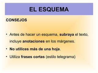 EL ESQUEMA
CONSEJOS
• Antes de hacer un esquema, subraya el texto,
incluye anotaciones en los márgenes.
• No utilices más de una hoja.
• Utiliza frases cortas (estilo telegrama)
 