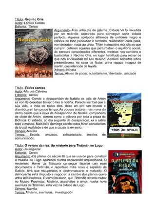 Título.-Recinto Gris
Autor.-Ledicia Costas
Editorial: Xerais
Argumento.-Tras unha día de galerna, Cidade Vii foi invadida
por un exército adestrado para conseguir unha cidade
perfecta. Aqueles soldados altísimos de uniforme negro e
cabeza de lobo peiteaban o territorio, rexistraban cada casa,
non deixaban nada ao chou. Tiñan instrucións moi claras que
cumprir: colleren aqueles que perturbaban o equilibrio social,
ás persoas consideradas diferentes, metelas nos camións e
trasladalas a Recinto Gris, un lugar habilitado para aloxar os
que non encaixaban no seu deseño. Aqueles soldados lobos
presentáronse na casa de Nube, unha rapaza incapaz de
mentir, coa intención de levala.
Xénero.-Novela
Temas: Abuso de poder, autoritarismo, liberdade , amizade
Título.-Todos somos
Autor.-Marcos Calveiro
Editorial: Xerais
Argumento.-Dende a desaparición de Natalia os pais de Antón
xa non lle deixaban baixar o lixo á noitiña. Parecía incríbel que a
súa vida, a vida de todos eles, dese un xiro tan brusco e
dramático en tan pouco tempo. As cousas andaran nas mans do
demo dende que a nova da desaparición de Natalia, compañeira
de clase de Antón, correra como a pólvora por toda a praza da
Bichoca. O sábado, ao día seguinte de desaparecer, xa o sabía
todo o mundo. Mais foi o domingo cando todos foron conscientes
da brutal realidade e de que a cousa ía en serio.
Xénero.-Novela
Temas: Escola, amizade, solidariedade, medios de
comunicación.
Título.-O veleno da risa. Un misterio para Tintimán en Lugo
Autor.-Jaureguizar
Editorial: Xerais
Argumento.-Os planos do século III que se usaron para construír
a muralla de Lugo aparecen nunha escavación arqueolóxica. O
misterioso Home da Máscara consegue facerse con eses
documentos e Tintimán, o reporteiro máis novo e espelido de
Galicia, terá que recuperalos e desenmascarar o malvado. O
delincuente está disposto a negociar: a cambio dos planos quere
unha xoia castrexa, O carneiro alado, que Tintimán deberá roubar
no Museo Provincial. Misterio, asasinatos e amor, nunha nova
aventura de Tintimán, esta vez na cidade de Lugo.
Xénero.-Novela
Temas: Misterio, aventuras, investigación
 