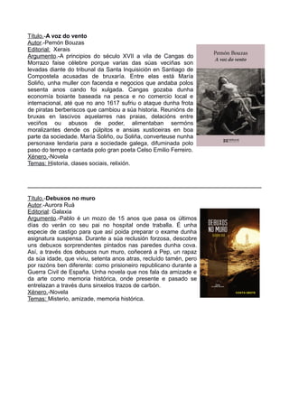 Título.-A voz do vento
Autor.-Pemón Bouzas
Editorial: Xerais
Argumento.-A principios do século XVII a vila de Cangas do
Morrazo faise célebre porque varias das súas veciñas son
levadas diante do tribunal da Santa Inquisición en Santiago de
Compostela acusadas de bruxaría. Entre elas está María
Soliño, unha muller con facenda e negocios que andaba polos
sesenta anos cando foi xulgada. Cangas gozaba dunha
economía boiante baseada na pesca e no comercio local e
internacional, até que no ano 1617 sufriu o ataque dunha frota
de piratas berberiscos que cambiou a súa historia. Reunións de
bruxas en lascivos aquelarres nas praias, delacións entre
veciños ou abusos de poder, alimentaban sermóns
moralizantes dende os púlpitos e ansias xusticeiras en boa
parte da sociedade. María Soliño, ou Soliña, converteuse nunha
personaxe lendaria para a sociedade galega, difuminada polo
paso do tempo e cantada polo gran poeta Celso Emilio Ferreiro.
Xénero.-Novela
Temas: Historia, clases sociais, relixión.
Título.-Debuxos no muro
Autor.-Aurora Ruá
Editorial: Galaxia
Argumento.-Pablo é un mozo de 15 anos que pasa os últimos
días do verán co seu pai no hospital onde traballa. É unha
especie de castigo para que así poida preparar o exame dunha
asignatura suspensa. Durante a súa reclusión forzosa, descobre
uns debuxos sorprendentes pintados nas paredes dunha cova.
Así, a través dos debuxos nun muro, coñecerá a Pep, un rapaz
da súa idade, que viviu, setenta anos atras, recluído tamén, pero
por razóns ben diferente: como prisioneiro republicano durante a
Guerra Civil de España. Unha novela que nos fala da amizade e
da arte como memoria histórica, onde presente e pasado se
entrelazan a través duns sinxelos trazos de carbón.
Xénero.-Novela
Temas: Misterio, amizade, memoria histórica.
 
