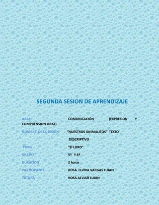 SEGUNDA SESION DE APRENDIZAJE
AREA: COMUNICACIÓN (EXPRESION Y
COMPRENSION ORAL)
NOMBRE DE LA SESION : “NUESTROS ANIMALITOS” TEXTO
DESCRIPTIVO
TEMA : “El LORO”
GRADO : 5º Y 6º
DURACION : 2 horas
PARTICIPANTE : ROSA ELVIRA VARGAS LUJAN
TUTORA : ROSA ALVIAR LUJAN
 