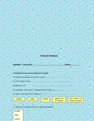 FICHA DE TRABAJO
NOMBRES Y APELLIDOS: …………………………………………………………………GRADO…………………
1-Completa el texto con las palabras del recuadro.
El colorido del plumaje de los loros es muy …………………………………………
Los loros tienen el pico ………………………………………………………………
Se alimentan de …………………………………………………………
Se encuentran en las selvas y bosques donde el clima es ……………………………
La mayor parte de los loros anidan en …………………………………………………
2.- Buscan en la sopa de letras las siguientes palabras
semillas cálido variable curvo, fuerte y en
forma de gancho
agujeros de
los árboles
Semillas
cálido
variable
 