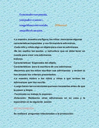 Esmimadretartamuda,
ymipadre«cantor»,
tengoblancomivestido, (Elhuevo)
amarilloelcorazón.
-La maestra muestra una figura,los niños mencionan algunas
características especiales y van formandola adivinanza.
-Cada niño y niñas elige un objeto para crear su adivinanza.
-Se les explica las pautas y estructura que se debe tener en
cuenta para crear una adivinanza.
Indicios.
Características Especiales del objeto.
Características para la escritura de una adivinanza.
-Hacemos que los niños escriban sus adivinanzas y revisen si
han tomado los criterios presentados.
-La maestra motiva a los niños y niñas a que revisen las
adivinanzas que han escrito.
-Luego hacen las correccionesque sean necesarias antes de que
la pasen a limpio.
-Terminado su trabajo lo exponen.
-Extensión: Realizarán otras adivinanzas en su casa y la
expondrán en la siguiente sesión
METACOGNICIÓN .
Se realizará preguntas relacionadas a la producción:
 