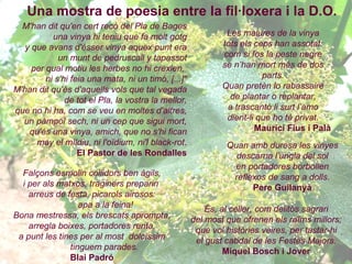 Les malures de la vinya tots els ceps han assotat; com si fos la peste negre se n’han mort més de dos parts. Quan pretèn lo rabassaire de plantar o replantar, a trascantó li surt l’amo dient-li que ho té privat. Maurici Fius i Palà   M'han dit qu'en cert recó del Pla de Bages una vinya hi teniu que fa molt gotg y que avans d'ésser vinya aquex punt era un munt de pedruscall y tapassot per qual motiu les herbes no hi crexien,  ni s'hi feia una mata, ni un timó, [...]" M'han dit qu'és d'aquells vols que tal vegada de tot el Pla, la vostra la mellor, que no hi ha, com se veu en moltes d'altres, un pàmpol sech, ni un cep que sigui mort, qu'és una vinya, amich, que no s'hi fican may el míldiu, ni l'oïdium, ni'l black-rot . El Pastor de les Rondalles Falçons esmolin collidors ben àgils, i per als matxos, traginers preparin  arreus de festa, picarols airosos: apa a la feina! Bona mestressa, els brescats aprompta, arregla boixes, portadores renta, a punt les tines per al most  dolcíssim tinguem parades. Blai Padró És, al celler, com delitós sagrari del most que ofrenen els raïms millors; que vol històries veires, per tastar-hi el gust cabdal de les Festes Majors. Miquel Bosch i Jover Quan amb duresa les vinyes descarna l’ungla del sol en portadores borbollen reflexos de sang a dolls. Pere Guilanyà Una mostra de poesia entre la fil·loxera i la D.O. 