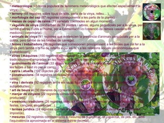 meteorologia  (45 noms populars de fenòmens meteorològics que afecten especialment la vinya),  terreny  (68 registres sobre tipus de sòls, parts de la vinya, relleu... ),  morfologia del cep  (87 registres corresponents a les parts de la planta),  menes de ceps i de raïms  (71 varietats conreades en algun moment),  vegetals de vinya  (miniherbari de 74 plantes i arbres, alguns perjudicials per a la vinya, però també d’altres d’útils a l’home, per a l’alimentació i/o l’obtenció de remeis casolans de medicina i veterinària),  animals de vinya  (41 registres que evidencien la presència d’animals perjudicials per a la collita, però també de les bèsties de càrrega),  feines i treballadors  (98 registres que corresponen principalment a les feines que cal fer a la vinya però també n’hi ha de referits a qui les fa, i a les relacions socials i econòmiques que s’estableixen),  eines i màquines  (100 registres corresponents a les eines manuals o a les màquines tradicionalment emprades en les feines de la vinya o en el procés de vinificació),  guarniments de l’animal  (33 arreus o arnesos que es posen a mules, matxos o rucs per a les feines a bast i/o per al carro),  estris i atuells  (102 objectes per a la vinya, la casa o el celler),  construccions  (34 registres corresponents a edificacions o espais bastits a la vinya i a la casa),  vins i derivats  (92 registres entre els quals figuren tipus de vins, licors, preparats i subproductes),  art de beure vi  (30 maneres de consumir el producte i els seus efectes),  menjar de vinyaire  (22 registres corresponents a receptes de cuina tradicional, àpats i productes),  creences i tradicions  (26 registres entre els quals es poden trobar creences religioses, jocs, festes, cançons, esquellades...),  termes jurídics  (24 registres que fan referència al règim de tinença de la terra, contractes, impostos),  mesures  (32 registres corresponents a mesures de superfície, de capacitat, de pes, etc. amb l’equivalència aproximada en el sistema mètric decimal),  productes emprats  (24 registres entre els quals trobem compostos químics, orgànics i d’altre material d’ús per al conreu de la vinya, el control de les plagues, la vinificació...),  malalties i plagues  (22 factors que poden malmetre la collita),  indumentària del vinyaire  (15 registres que designen la vestimenta i el calçat tradicionals a pagès, així com d’altres complements bàsics). 