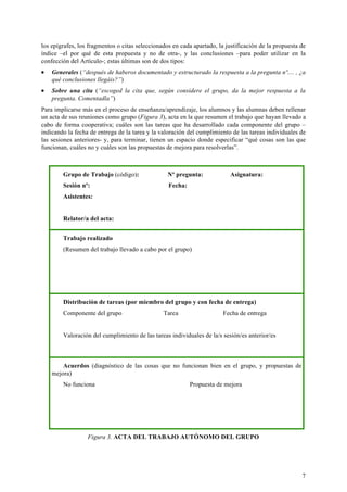 7
los epígrafes, los fragmentos o citas seleccionados en cada apartado, la justificación de la propuesta de
índice –el por qué de esta propuesta y no de otra-, y las conclusiones –para poder utilizar en la
confección del Artículo-; estas últimas son de dos tipos:
• Generales (“después de haberos documentado y estructurado la respuesta a la pregunta nº.... , ¿a
qué conclusiones llegáis?”)
• Sobre una cita (“escoged la cita que, según considere el grupo, da la mejor respuesta a la
pregunta. Comentadla”)
Para implicarse más en el proceso de enseñanza/aprendizaje, los alumnos y las alumnas deben rellenar
un acta de sus reuniones como grupo (Figura 3), acta en la que resumen el trabajo que hayan llevado a
cabo de forma cooperativa; cuáles son las tareas que ha desarrollado cada componente del grupo –
indicando la fecha de entrega de la tarea y la valoración del cumplimiento de las tareas individuales de
las sesiones anteriores- y, para terminar, tienen un espacio donde especificar “qué cosas son las que
funcionan, cuáles no y cuáles son las propuestas de mejora para resolverlas”.
Grupo de Trabajo (código): Nº pregunta: Asignatura:
Sesión nº: Fecha:
Asistentes:
Relator/a del acta:
Trabajo realizado
(Resumen del trabajo llevado a cabo por el grupo)
Distribución de tareas (por miembro del grupo y con fecha de entrega)
Componente del grupo Tarea Fecha de entrega
Valoración del cumplimiento de las tareas individuales de la/s sesión/es anterior/es
Acuerdos (diagnóstico de las cosas que no funcionan bien en el grupo, y propuestas de
mejora)
No funciona Propuesta de mejora
Figura 3. ACTA DEL TRABAJO AUTÓNOMO DEL GRUPO
 