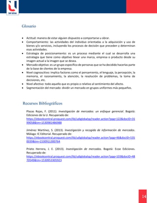 14
Glosario
 Actitud: manera de estar alguien dispuesto a comportarse u obrar.
 Comportamiento: las actividades del individuo orientadas a la adquisición y uso de
bienes y/o servicios, incluyendo los procesos de decisión que preceden y determinan
esas actividades.
 Estrategia de posicionamiento: es un proceso mediante el cual se desarrolla una
estrategia que tiene como objetivo llevar una marca, empresa o producto desde su
imagen actual a la imagen que se desea.
 Mercado objetivo: es un grupo específico de personas que se ha decidido hacerlas parte
de la base de clientes de la empresa.
 Nivel cognoscitivo: implica factores como el pensamiento, el lenguaje, la percepción, la
memoria, el razonamiento, la atención, la resolución de problemas, la toma de
decisiones, etc.
 Nivel afectivo: todo aquello que es propio o relativo al sentimiento del afecto.
 Segmentación del mercado: dividir un mercado en grupos uniformes más pequeños.
Recursos Bibliográficos
Plazas Rojas, F. (2011). Investigación de mercados: un enfoque gerencial. Bogotá:
Ediciones de la U. Recuperado de:
https://ebookcentral.proquest.com/lib/udiglobalsp/reader.action?ppg=122&docID=31
99058&tm=1530981486988
Jiménez Martínez, S. (2013). Investigación y recogida de información de mercados.
Málaga: IC Editorial. Recuperado de:
https://ebookcentral.proquest.com/lib/udiglobalsp/reader.action?ppg=46&docID=535
0039&tm=1530911300764
Prieto Herrera, J. E. (2013). Investigación de mercados. Bogotá: Ecoe Ediciones.
Recuperado de:
https://ebookcentral.proquest.com/lib/udiglobalsp/reader.action?ppg=103&docID=48
70549&tm=1530953305923
 