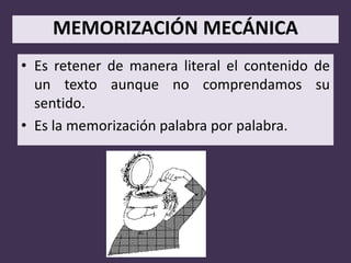 MEMORIZACIÓN MECÁNICA
• Es retener de manera literal el contenido de
  un texto aunque no comprendamos su
  sentido.
• Es la memorización palabra por palabra.
 