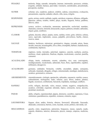 - 15 -
PESADEZ 	 molestia, fatiga, cansado, interpelar, internar, intermedio, pescuezo, exhalar,
exigente, soñador, hamaca, pasividad, visionario, autodictados, precalentado,
percepción, meditar.
SUFRIR	 esfumar, seis, cuaderno, padecer, eslabón, cadena, concentrarse, evaluación,
pensamiento, soportar, andador, abuelo, silla, mesa, religión.
RESPONDER 	 garito, arrimo, omitir, nublado, rugido, satisfacer, responso, difuntos, obligado,
páncreas, odisea, resabio, timbre, playa, tacaño, hoguera, botica, palabras,
diluvio, odiar.
REPRENDER 	 cosaco, esclavo, evaluación, amonestar, aportación, esclavitud, mandato,
chancleta, censurar, inmortal, desacuerdo, arqueo, palmera, mirador, sabiendas,
níquel, gruta, sombrero.
CLAMOR	 galante, decente, tabaco, pepita, rastra, sardina, rostro, grito, inferior, cultura,
surco, equivado, implorante, casaca, palpable, provechoso, huella, clamor,
reserva, sanar.
SALVAJE	 fanático, hechicero, entronizar, germinativo, dogma, cruzada, pinza, fauna,
inculto, mascota, incatalogable, olivo, filtro, irrompible, bárbaro, maledicencia,
combatiente, hipótesis.
TERMINAR	 orgánico, molar, iniciados, pulcritud, orgánico, canción, acabarse, poetisa,
morboso, ritual, epidermis, finalizar, disputa, recalcitrante, concluir, puntilla,
consumir.
ACAUDALADO 	 chispa, inerte, exuberante, resorte, calambre, rico, roer, convergente,
nostálgicamente, recalcitrante, adinerado, buzo, flora, superhombre, español,
millonario, desagravio.
ACALORADO	 germano, señalador, brotación, voluble, encendido, adepto, semejante,
sofocado, imantado, abogado, refugio, entusiasmado, mendigar, maledicencia,
acuático, germinativo, tortuoso.
ABURRIMIENTO	 sistemáticamente, citología, aportación, sabiendas, cansancio, mutilar, casaca,
culturalmente, neologismo, tedio, inferior, yuca, filoso, endoso, planteo,
hígado, reconocer, combatiente, barcarola, trepidante, mendigar, conflicto.
RAPIDEZ 	 exilio, reliquia, desviado, veloz, ensayo, retrato, negativo, estupefacción,
acuático, celeridad, esquimal, talismán, tópico, cotización, inciso, decreto,
prontitud, montículo.
PARAR	 aljibe, religión, espontaneidad, página, detenerse, asombro, esperanza, César,
sinónimos, guardabarrera, enjambre, restaurar, cinturón, negro.
LOCOMOTORA	 fraguar, alzas, anden, historia, obreros, ferrocarril, diluyendo, fracasado,
afianzado, conciencia, barrera, costo, leyenda, social, político, desvalida, sol.
BOLEADORAS 	 gaucho, cinto, magnetismo, patrocinio, burgueses, masas, espuela, asado,
espuela, dinámica, anterior, demuestra, precoz, manejo, empresa, medicina,
riel.
 