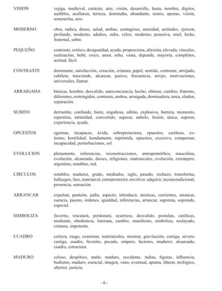 - 6 -
VISION	 vejiga, medieval, carácter, aire, visión, desarrollo, hasta, nom­
bre, dígitos,
audibles, acallaron, terraza, dominaba, abundante, res­
tos, apenas, visión,
someterlas, aire.
MODERNO	 obra, radica, deseo, salud, ambas, contagioso, ansiedad, acti­
tudes, ejercen,
profundo, moderno, adultos, sidra, veloz, moderno, posesiva, miel, leche,
fraternal, sobre.
PEQUEÑO	 contraste, erótico, desigualdad, ayuda, proporciona, altruista, ele­vada, vínculos,
realización, bebé, crece, amor, niño, vasta, depende, mayoría, completos,
actitud, fácil.
CONTRASTE	 dominante, satisfacción, creación, criatura, papel, sentido, con­
traste, arrojado,
cubilete, trasciende, alcanzar, pasivo, frecuencia, arrojo, motivaciones,
universales, llamar.
ARRAIGADA	 básicas, hombre, desvalido, autoconciencia, hecho, obtiene, cam­
bio, fraterno,
diferentes, restringidos, contraste, ambos, arraigada, dominadora, tarea, eluden,
separación.
SUBITO	 derrumbe, confunde, hiere, engañosa, súbito, explosiva, barrera, momento,
repentina, intimidad, convertido, superar, anhelo, fu­
sión, única, superar,
experiencia, ayuda.
OPUESTOS	 egoístas, incapaces, ávida, sobreprotectora, opuestos, cariñosa, ex­
tremo, hostilidad, hondamente, reprimida, opuestos, excesivo, com­
pensar,
incapacidad, perturbaciones, sol.
EVOLUCION	 plenamente, inferencias, reconstrucciones, antropomórfico, mascu­
lina,
evolución, alcanzado, dioses, religiones, matriarcales, evolución, extranjero,
argentino, notables, red.
CIRCULOS	 notables, madurez, grado, mediados, siglo, pasado, rechazo, trans­
forma,
hallazgos, fase, matriarcal, omniprotector, envolver, adqui­rir, inconcondicional,
presencia, sensación.
ARRANCAR	 expulsar, panteón, judía, aspecto, introducir, místicas, corrientes, arrancar,
esencia, puesto, órdenes, igualdad, inferencias, arrancar, suprema, soprende,
especial.
SIMBOLIZA	 favorito, rescatará, perdonará, ocurriese, desvalido, postulan, católi­
cas,
mediante, obediencia, luterana, cambio, manifiesto, simboliza, soslayado,
criatura, impotente.
CUADRO	 certeza, rasgo, examinar, matriarcales, mostrar, gravitación, cas­
tiga, severo,
castiga, cuadro, favorito, pecado, empero, factores, madurez, alcanzado,
cuadro, estructura.
MADURO	 celoso, despótico, atañe, maduro, occidente, indias, figuras, influen­
cia,
budismo, maduro, esencial, imagen, vano, eventual, apunta, liberar, teológico,
ulterior, justicia.
 