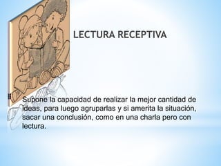 LECTURA RECEPTIVA 
Supone la capacidad de realizar la mejor cantidad de 
ideas, para luego agruparlas y si amerita la situación, 
sacar una conclusión, como en una charla pero con 
lectura. 
 