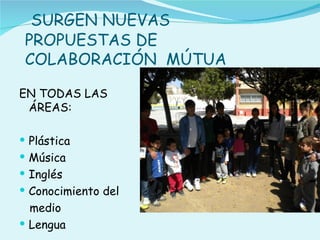 SURGEN NUEVAS
 PROPUESTAS DE
 COLABORACIÓN MÚTUA

EN TODAS LAS
 ÁREAS:

 Plástica
 Música
 Inglés
 Conocimiento del
  medio
 Lengua
 