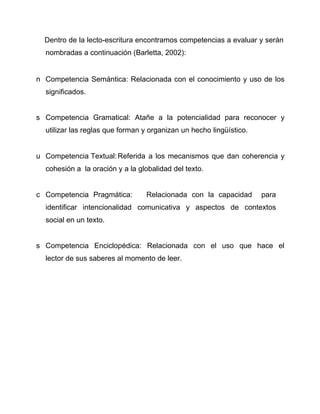 Dentro de la lecto-escritura encontramos competencias a evaluar y serán
  nombradas a continuación (Barletta, 2002):


n Competencia Semántica: Relacionada con el conocimiento y uso de los
  significados.


s Competencia Gramatical: Atañe a la potencialidad para reconocer y
  utilizar las reglas que forman y organizan un hecho lingüístico.


u Competencia Textual: Referida a los mecanismos que dan coherencia y
  cohesión a la oración y a la globalidad del texto.


c Competencia Pragmática:        Relacionada con la capacidad        para
  identificar intencionalidad comunicativa y aspectos de contextos
  social en un texto.


s Competencia Enciclopédica: Relacionada con el uso que hace el
  lector de sus saberes al momento de leer.
 
