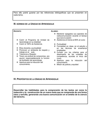 Para ello podrá guiarse por las referencias bibliográficas que se presentan en
cada tema.

III. NORMAS DE LA UNIDAD DE APRENDIZAJE
DOCENTE:

 Cubrir el Programa de Unidad de
Aprendizaje en su totalidad
 Cubrir el 100% de Asistencia.
 Ética docente y puntualidad
 Promover un ambiente de respeto y
trabajo en el aula.
 Tolerancia y Respeto
 Tener una actitud de compromiso, ara
asumir responsablemente la función
de facilitador del aprendizaje
 Apertura para la inducción del
conocimiento.

ALUMNO:
 Mantener apagados sus aparatos de
radiocomunicación durante el tiempo
que dure la sesión
 Asistencia al menos al 80% al curso
 Puntualidad
 Formalidad en clase, en el estudio y
en las técnicas de enseñanza
empleadas
 Cumplir con los criterios para el
desempeño de las unidades de
competencia, acordes al inicio del
curso.
 Apertura para la inducción del
conocimiento
 Misión de justicia y equidad

IV. PROPÓSITOS DE LA UNIDAD DE APRENDIZAJE

Desarrollar las habilidades para la comprensión de los textos así como la
redacción y la construcción de un nuevo texto que se comprenda de una forma
clara y sencilla, generando una buena comunicación en el ámbito de la ciencia
del derecho.

 