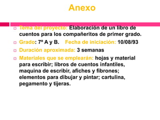 Anexo
 Tema del proyecto: Elaboración de un libro de
cuentos para los compañeritos de primer grado.
 Grado: 7º A y B. Fecha de iniciación: 10/08/93
 Duración aproximada: 3 semanas
 Materiales que se emplearán: hojas y material
para escribir; libros de cuentos infantiles,
maquina de escribir, afiches y fibrones;
elementos para dibujar y pintar; cartulina,
pegamento y tijeras.
 