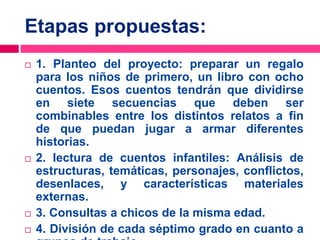 Etapas propuestas:
 1. Planteo del proyecto: preparar un regalo
para los niños de primero, un libro con ocho
cuentos. Esos cuentos tendrán que dividirse
en siete secuencias que deben ser
combinables entre los distintos relatos a fin
de que puedan jugar a armar diferentes
historias.
 2. lectura de cuentos infantiles: Análisis de
estructuras, temáticas, personajes, conflictos,
desenlaces, y características materiales
externas.
 3. Consultas a chicos de la misma edad.
 4. División de cada séptimo grado en cuanto a
 
