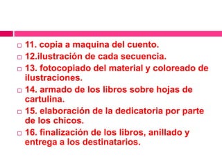  11. copia a maquina del cuento.
 12.ilustración de cada secuencia.
 13. fotocopiado del material y coloreado de
ilustraciones.
 14. armado de los libros sobre hojas de
cartulina.
 15. elaboración de la dedicatoria por parte
de los chicos.
 16. finalización de los libros, anillado y
entrega a los destinatarios.
 