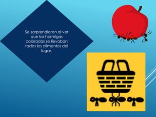 Se sorprendieron al ver
que las hormigas
coloradas se llevaban
todos los alimentos del
lugar.
 