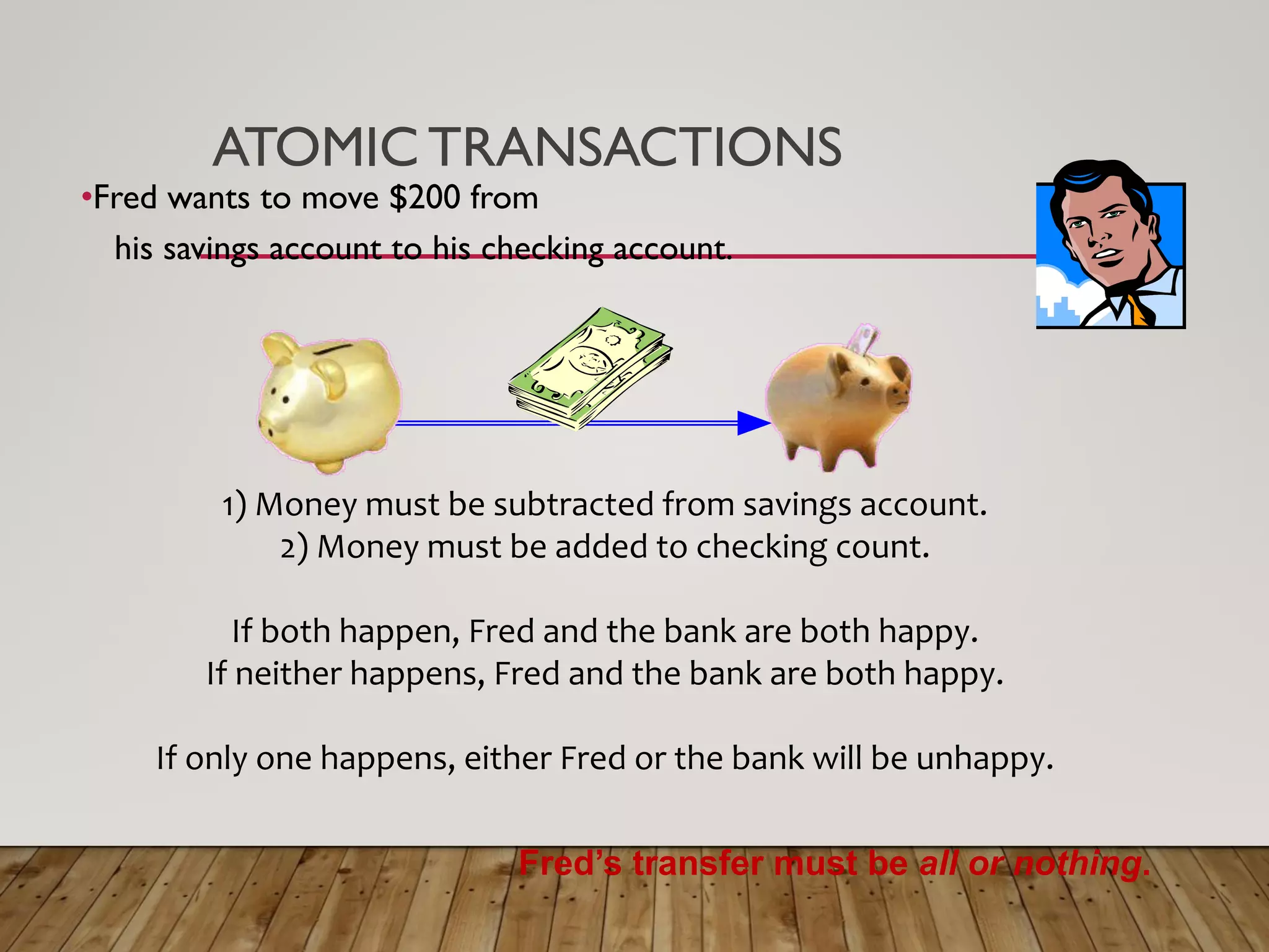 ATOMIC TRANSACTIONS
&bull;Fred wants to move $200 from
his savings account to his checking account.
1) Money must be subtracted from savings account.
2) Money must be added to checking count.
If both happen, Fred and the bank are both happy.
If neither happens, Fred and the bank are both happy.
If only one happens, either Fred or the bank will be unhappy.
Fred&rsquo;s transfer must be all or nothing.
 