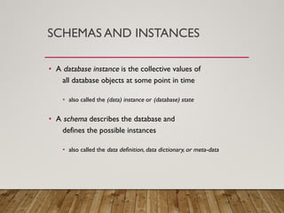 SCHEMAS AND INSTANCES
• A database instance is the collective values of
all database objects at some point in time
• also called the (data) instance or (database) state
• A schema describes the database and
defines the possible instances
• also called the data definition, data dictionary, or meta-data
 