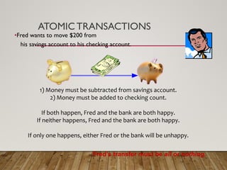ATOMIC TRANSACTIONS
•Fred wants to move $200 from
his savings account to his checking account.
1) Money must be subtracted from savings account.
2) Money must be added to checking count.
If both happen, Fred and the bank are both happy.
If neither happens, Fred and the bank are both happy.
If only one happens, either Fred or the bank will be unhappy.
Fred’s transfer must be all or nothing.
 